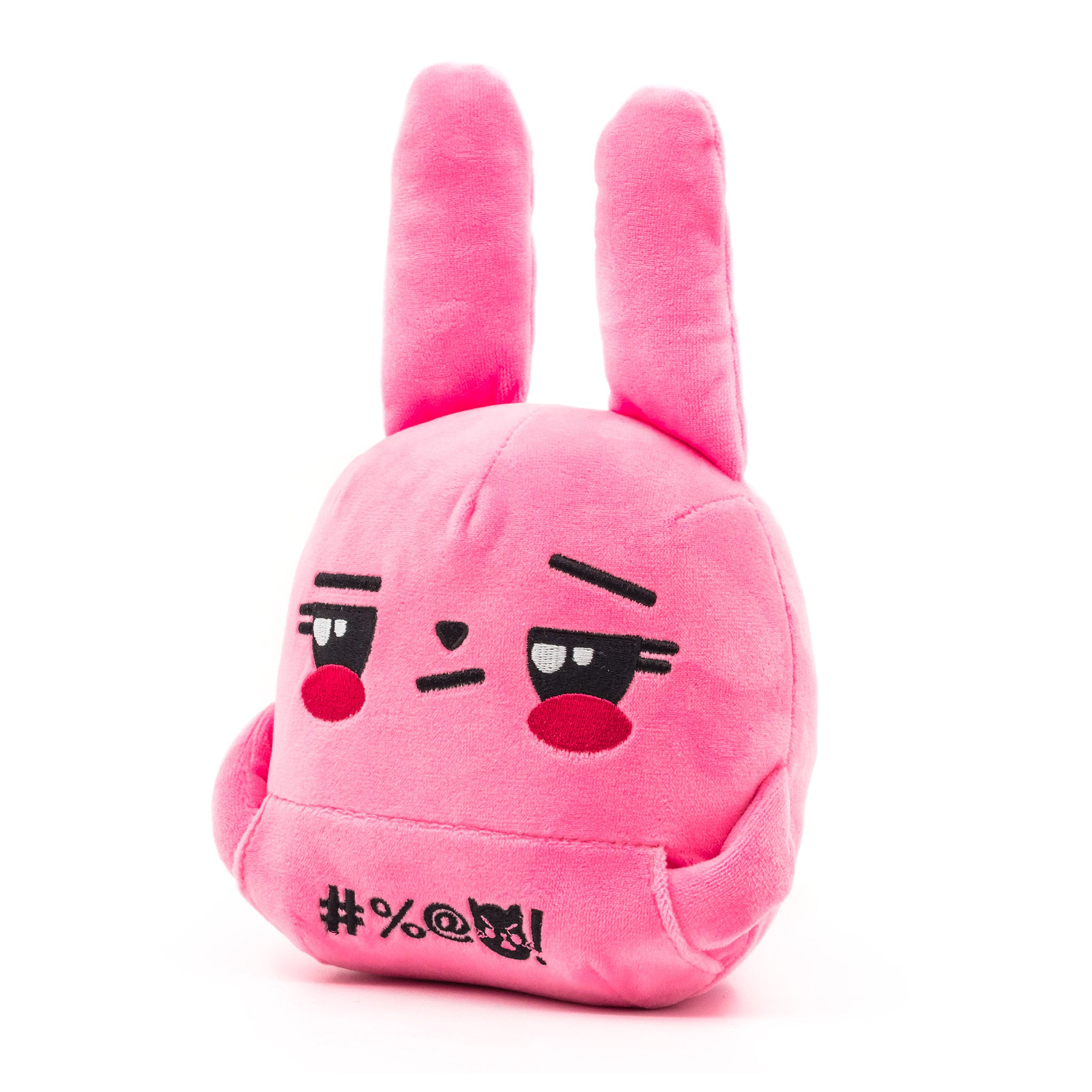 Pink bunny plush, arms in pocket, ears straight up, angled front view.