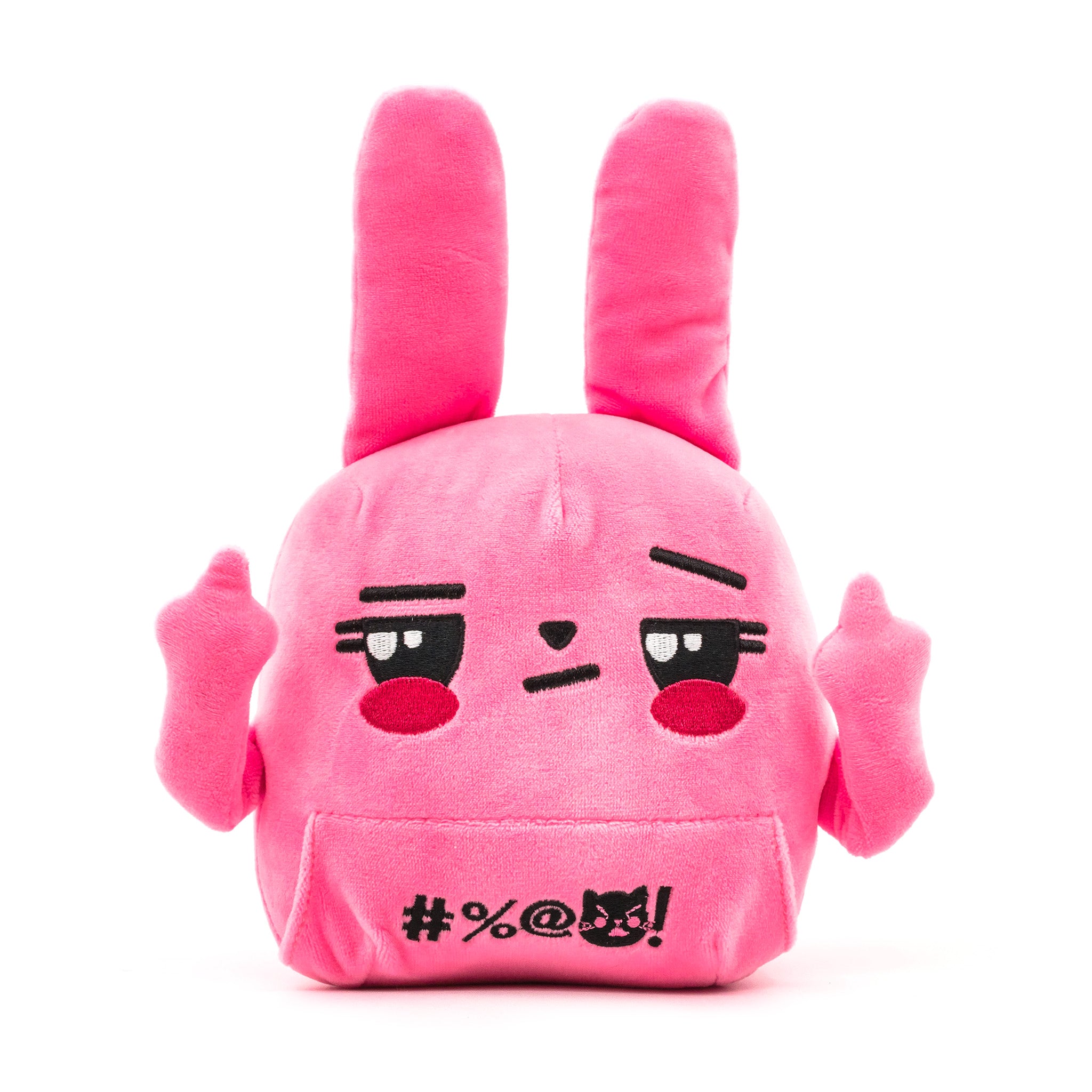 Pink bunny plush, middle fingers up, ears straight up, front view.