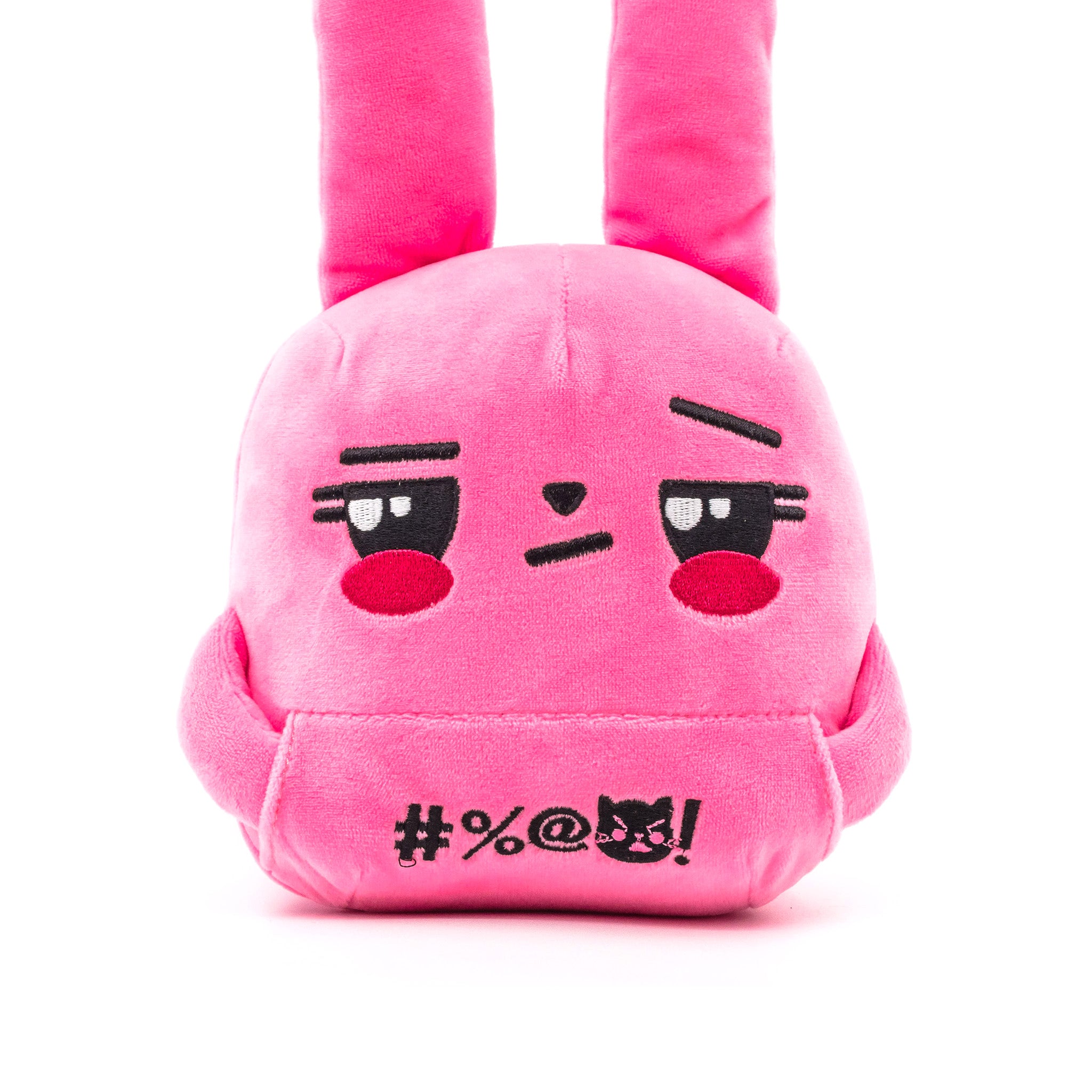 Pink bunny plush, middle fingers up, ears straight up, front view.