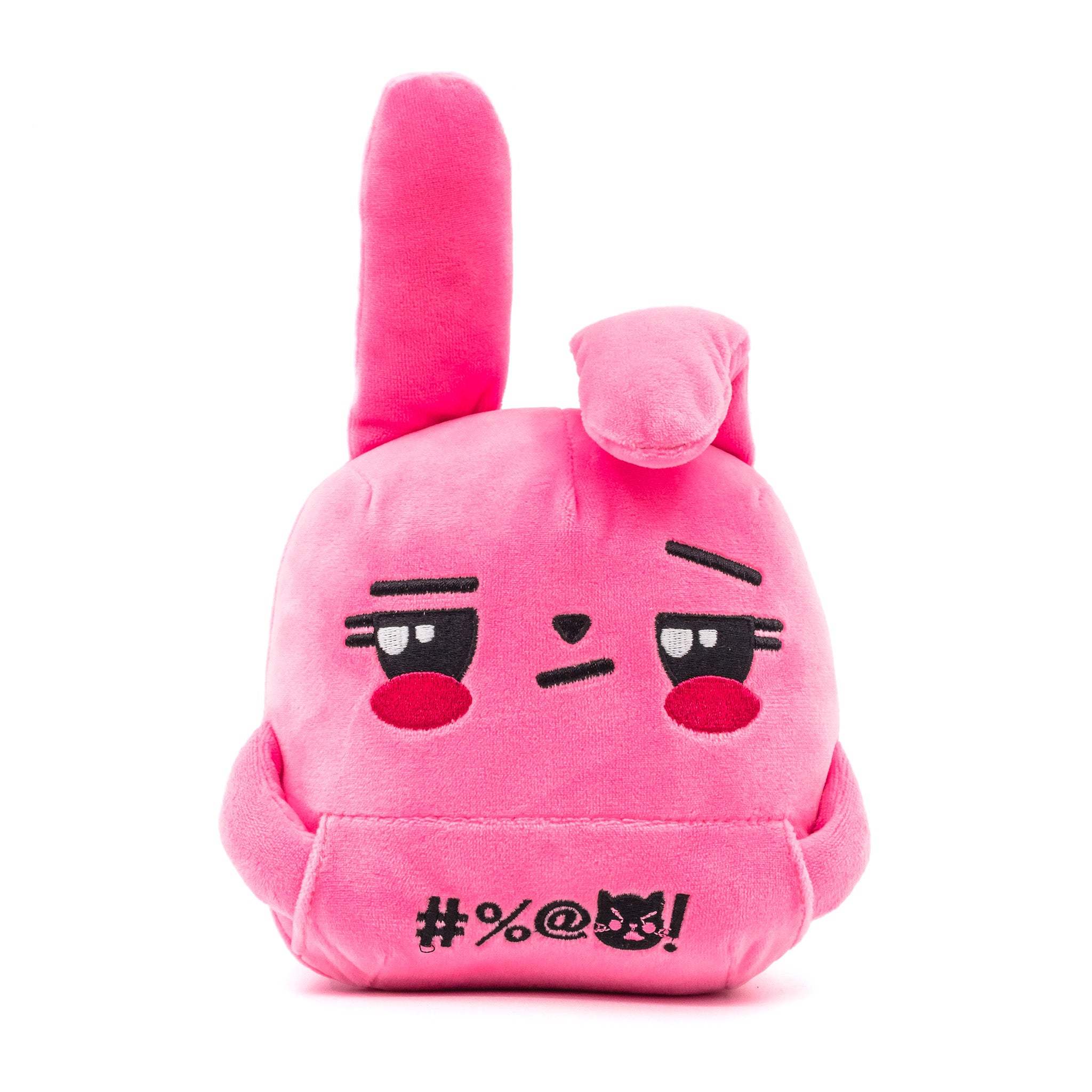 Pink bunny plush, arms in front pocket, one ear up, one ear down, front view.