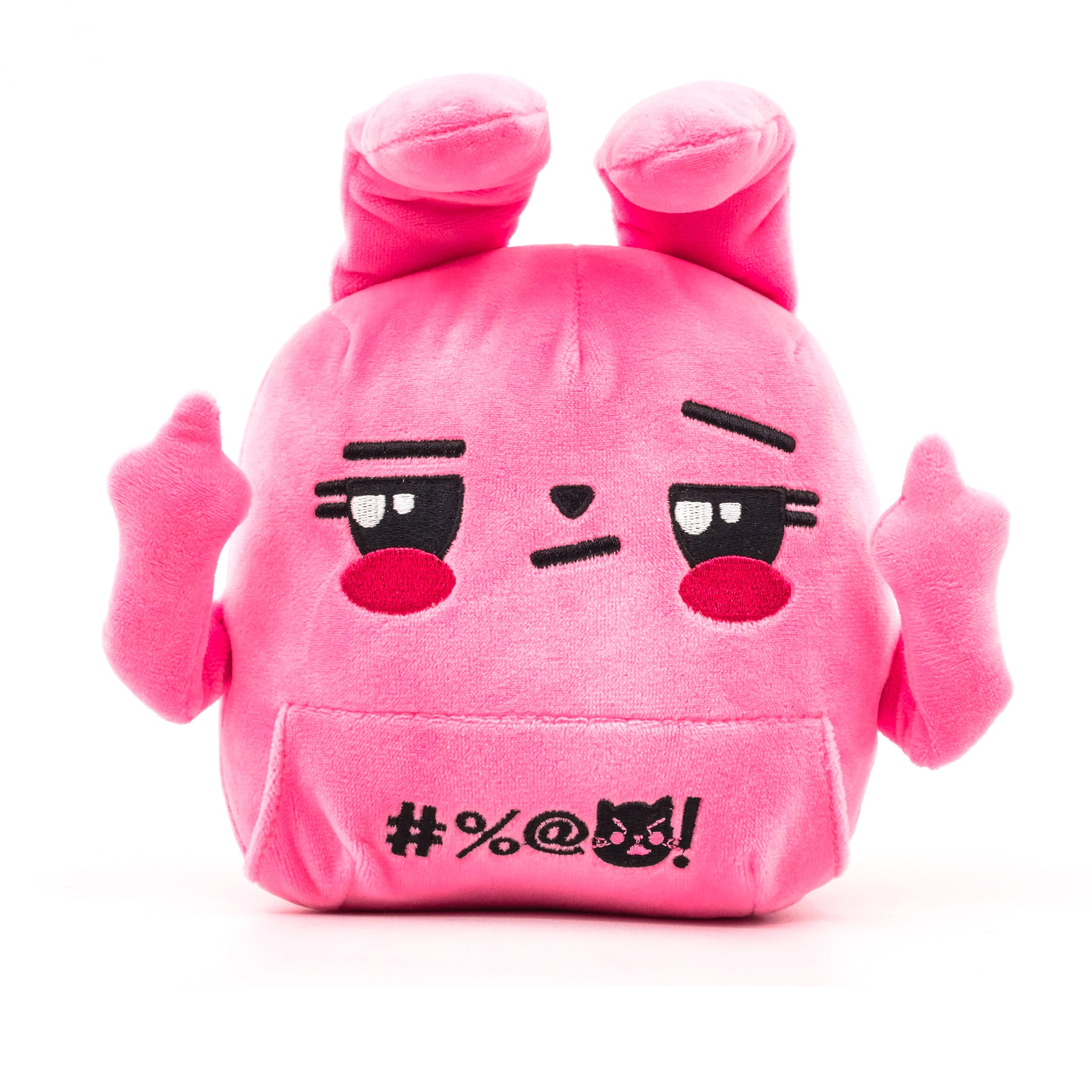 Pink bunny plush, middle fingers up, ears bent down, front view.
