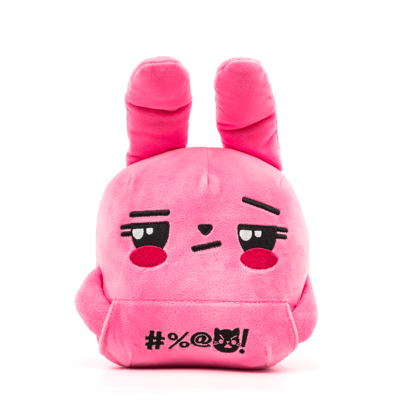 Pink bunny plush, stop-motion, arms and middle fingers going up and down along with ears, front view.
