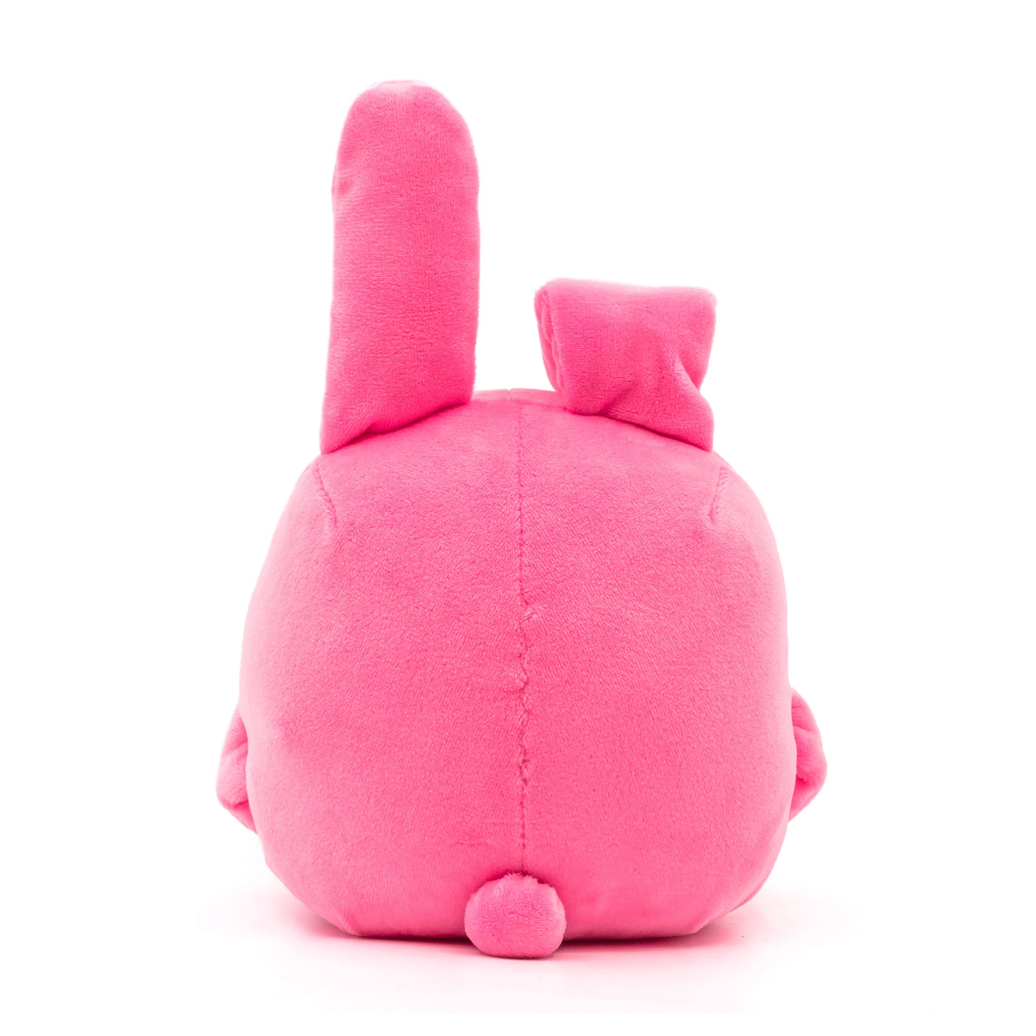 Pink bunny plush, one ear up and one ear down, hands in pocket, rear view.