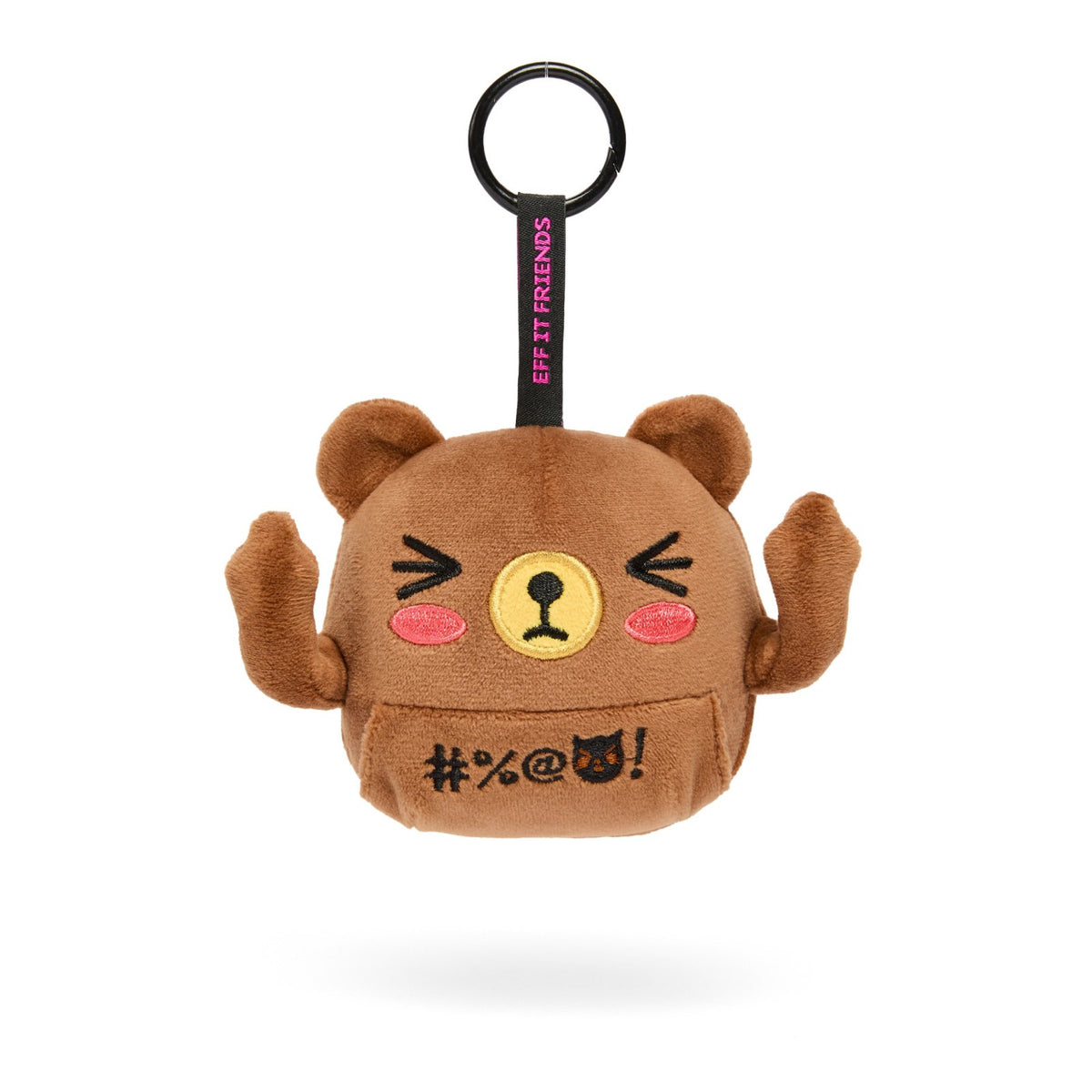 Bernard keychain plush, a brown bear with his middle fingers up, on a metal ring clasp