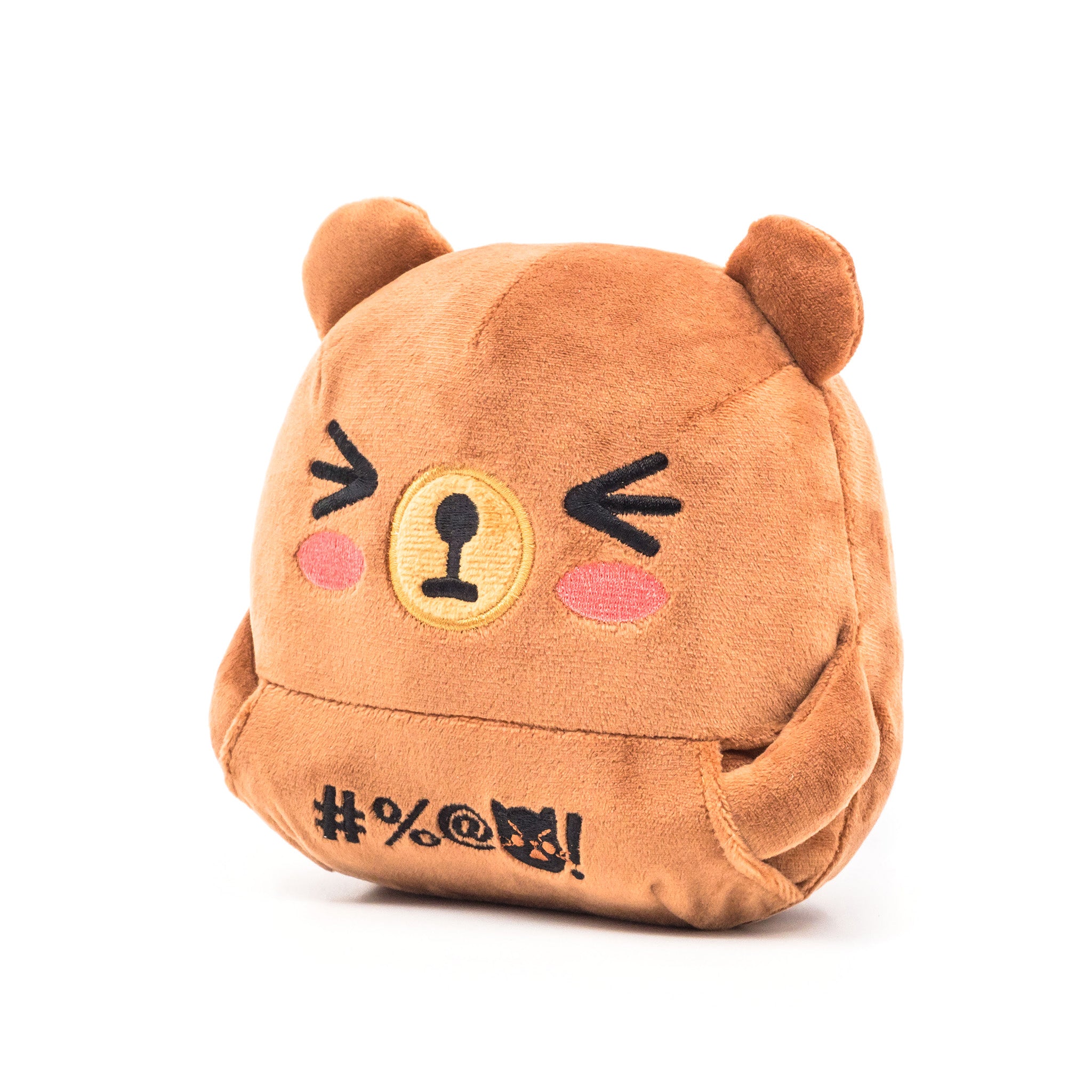 Brown bear plush, hands in front pocket, angled front view.