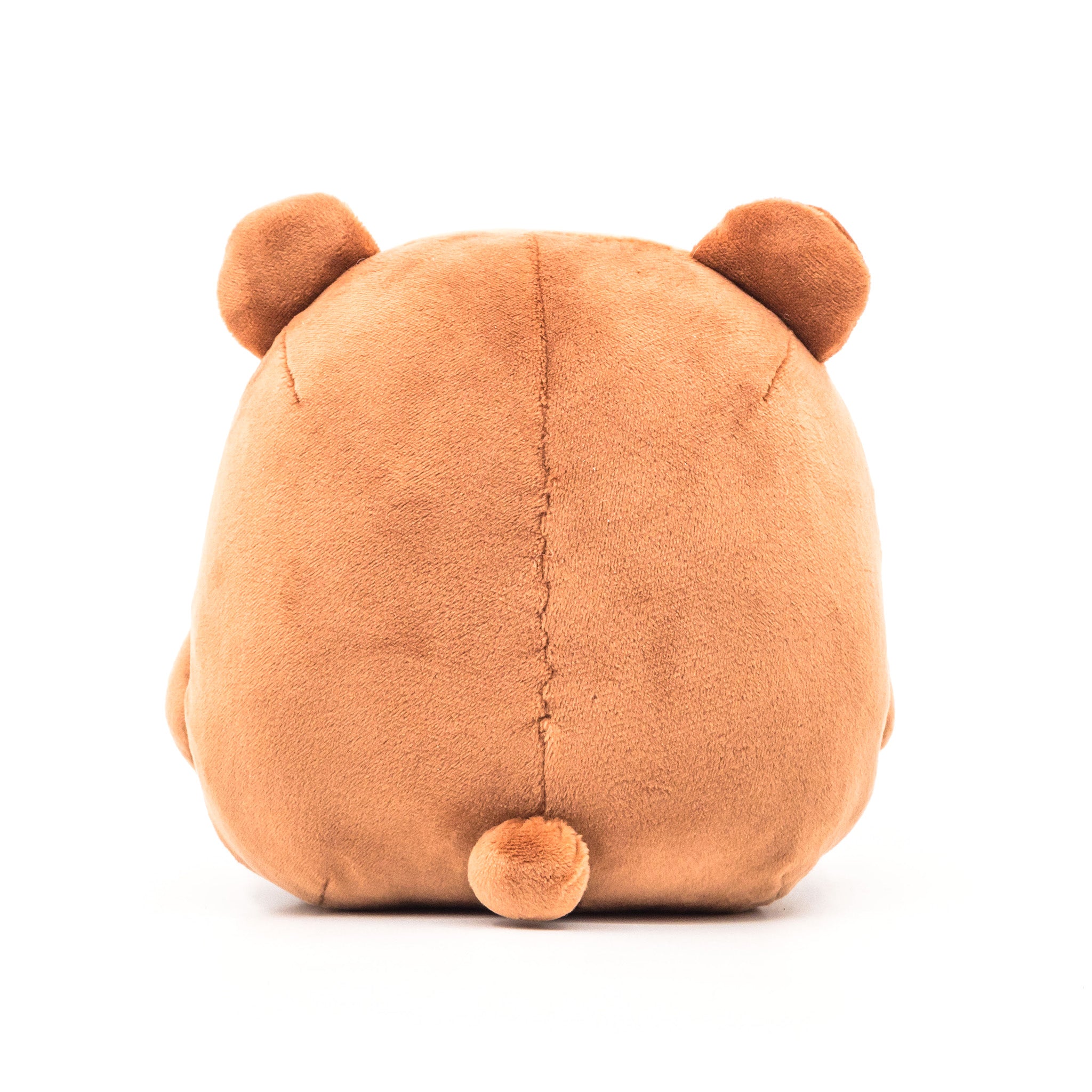 Brown bear plush, standing up, hands in front pocket, rear view.
