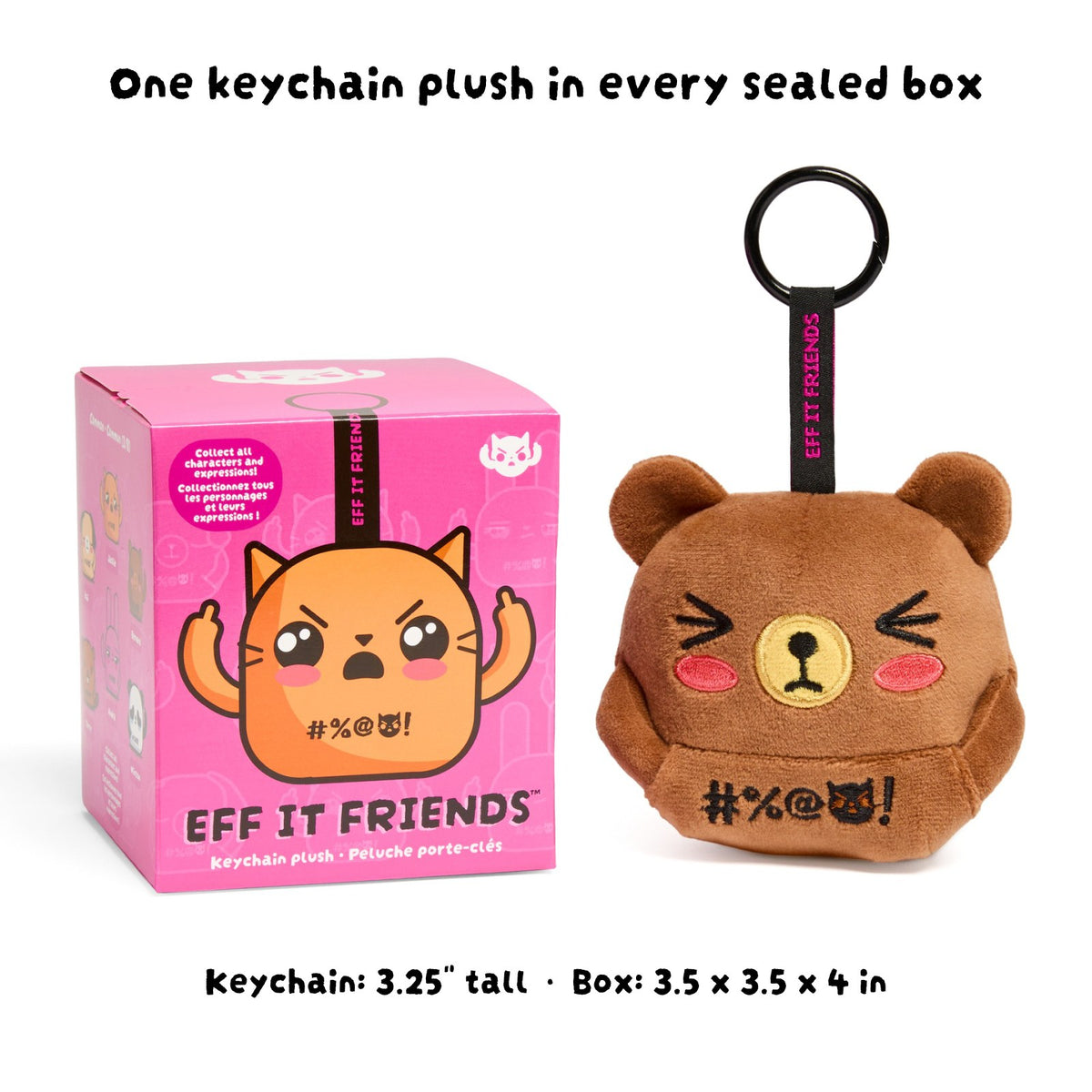 A sealed blind box next to a Bernard keychain plush: one 3.25 inch keychain in every 3.5 x 3.5 x 4 inch box