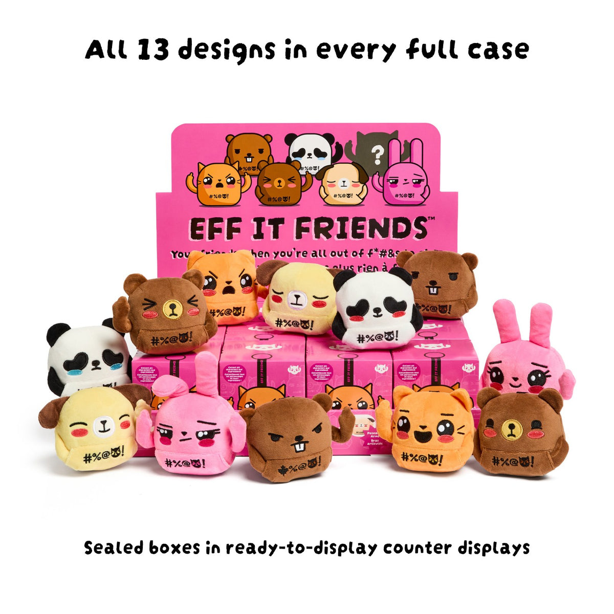 A blind box counter display of sealed boxes with keychain plush in front; all 13 designs come in every full case