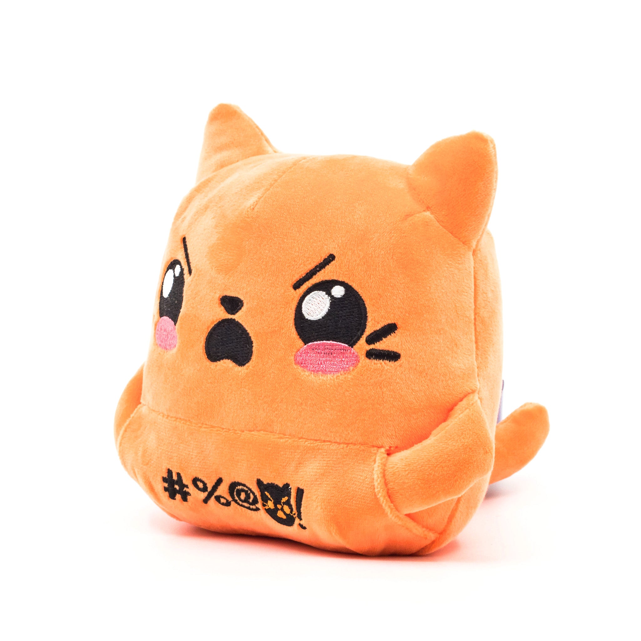 Orange cat plush, hands in pocket, angled front view.