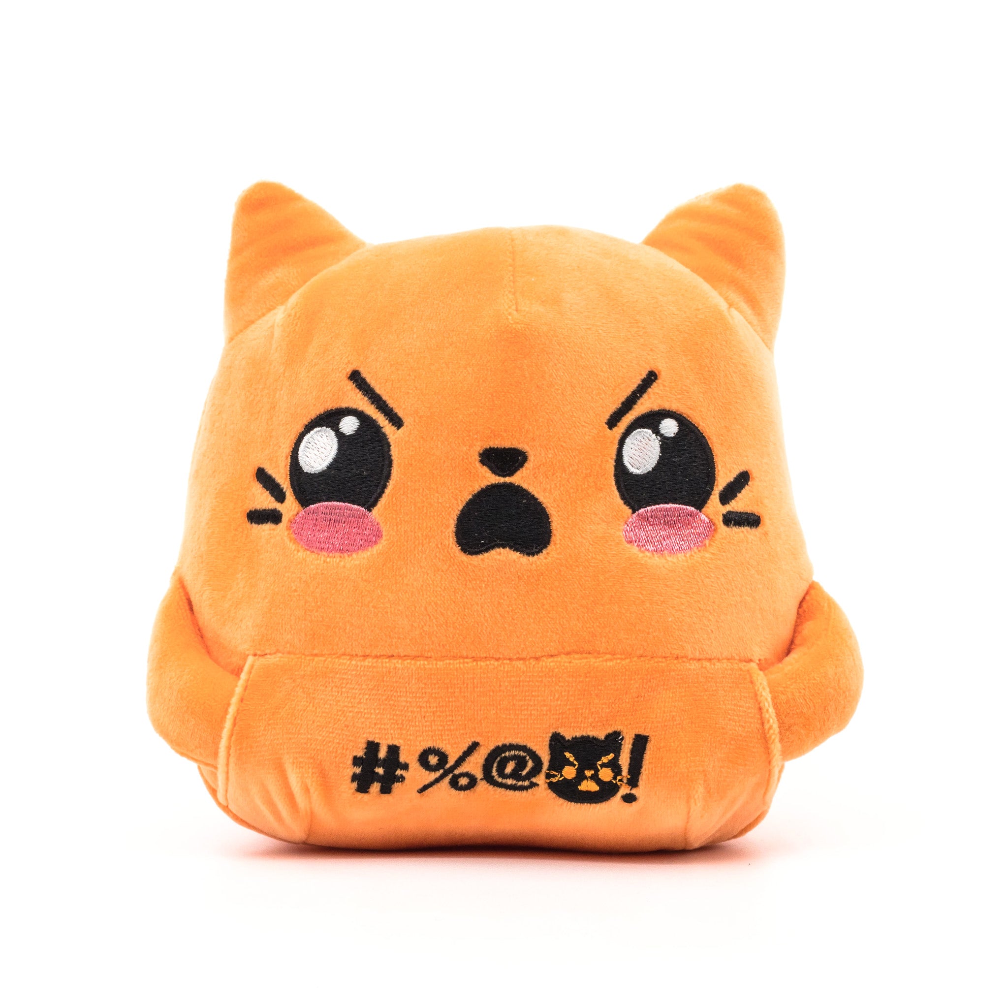 Orange cat plush, hands in front pocket, front view.
