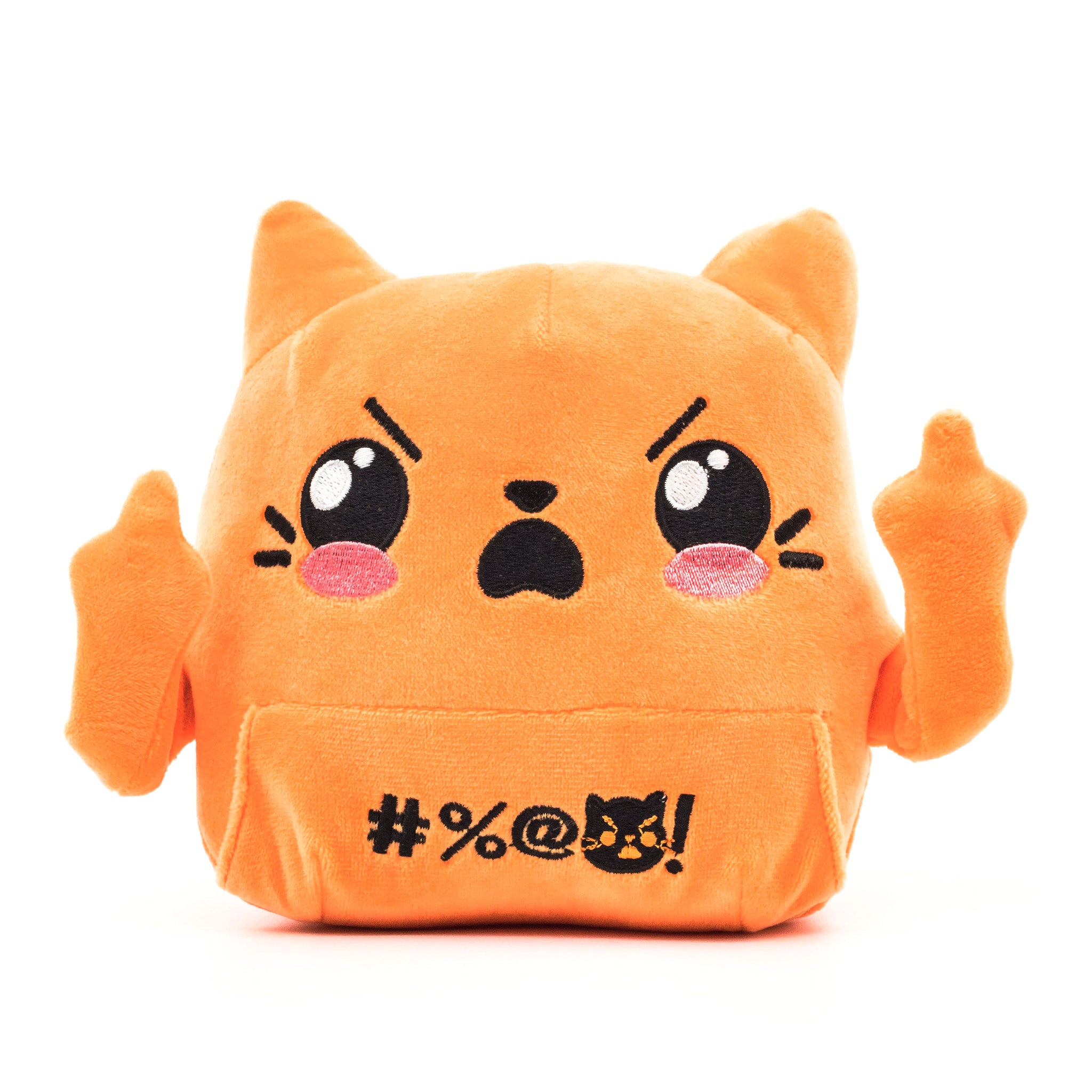Orange cat plush, middle fingers raised, front view.