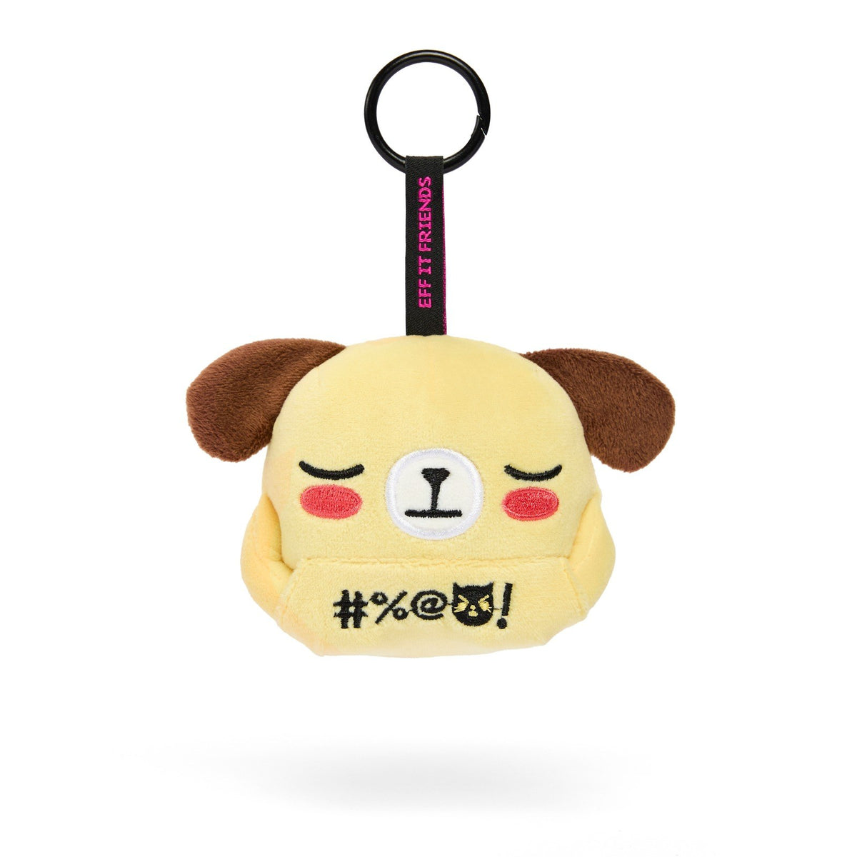 Kai keychain plush, a beige dog with his middle fingers tucked into the front pocket, on a metal ring clasp