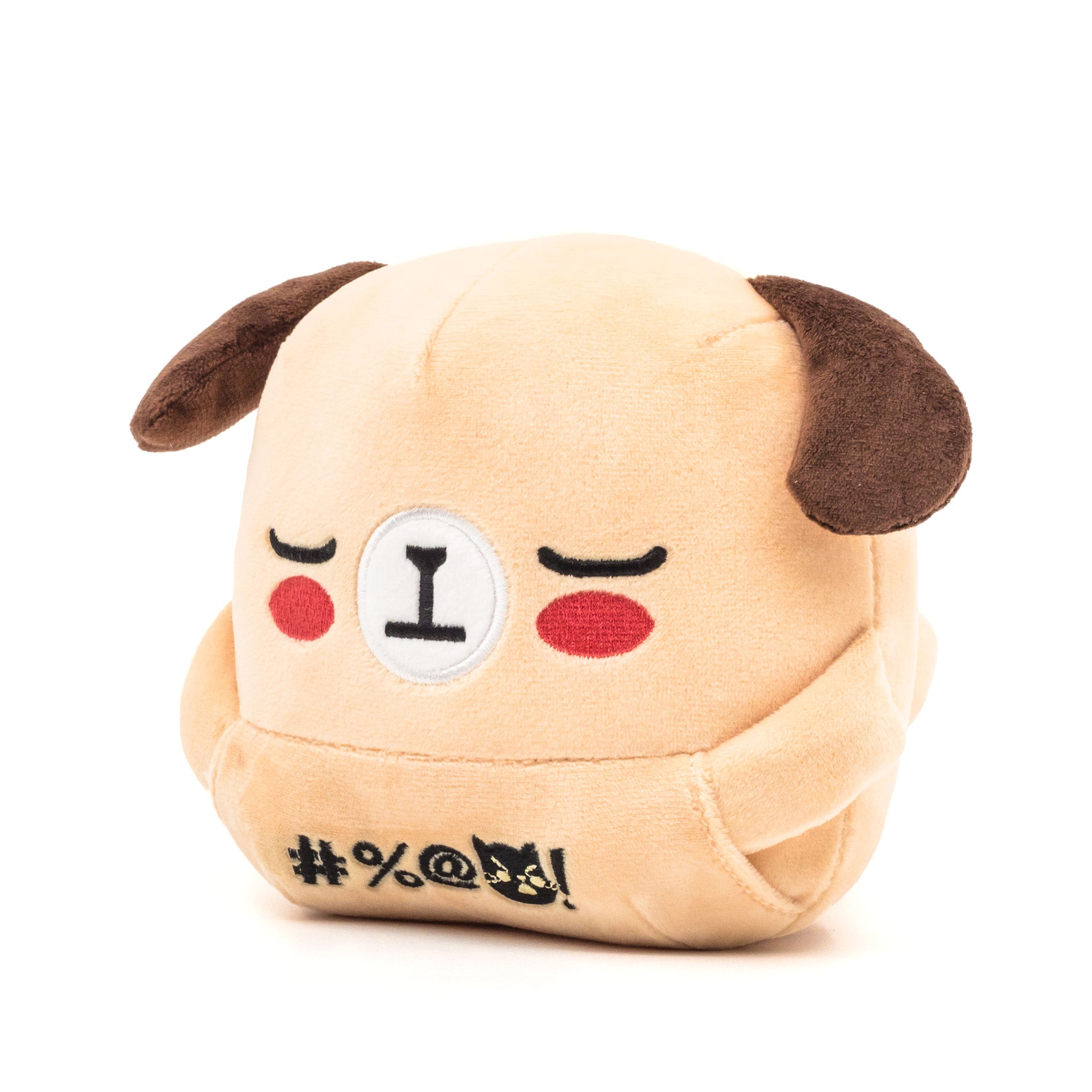 Beige dog plush, hands in pocket, angled front view.