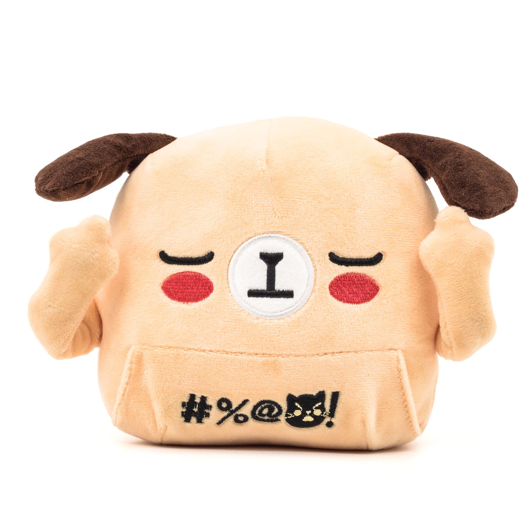 Beige dog plush, middle fingers raised, front view.