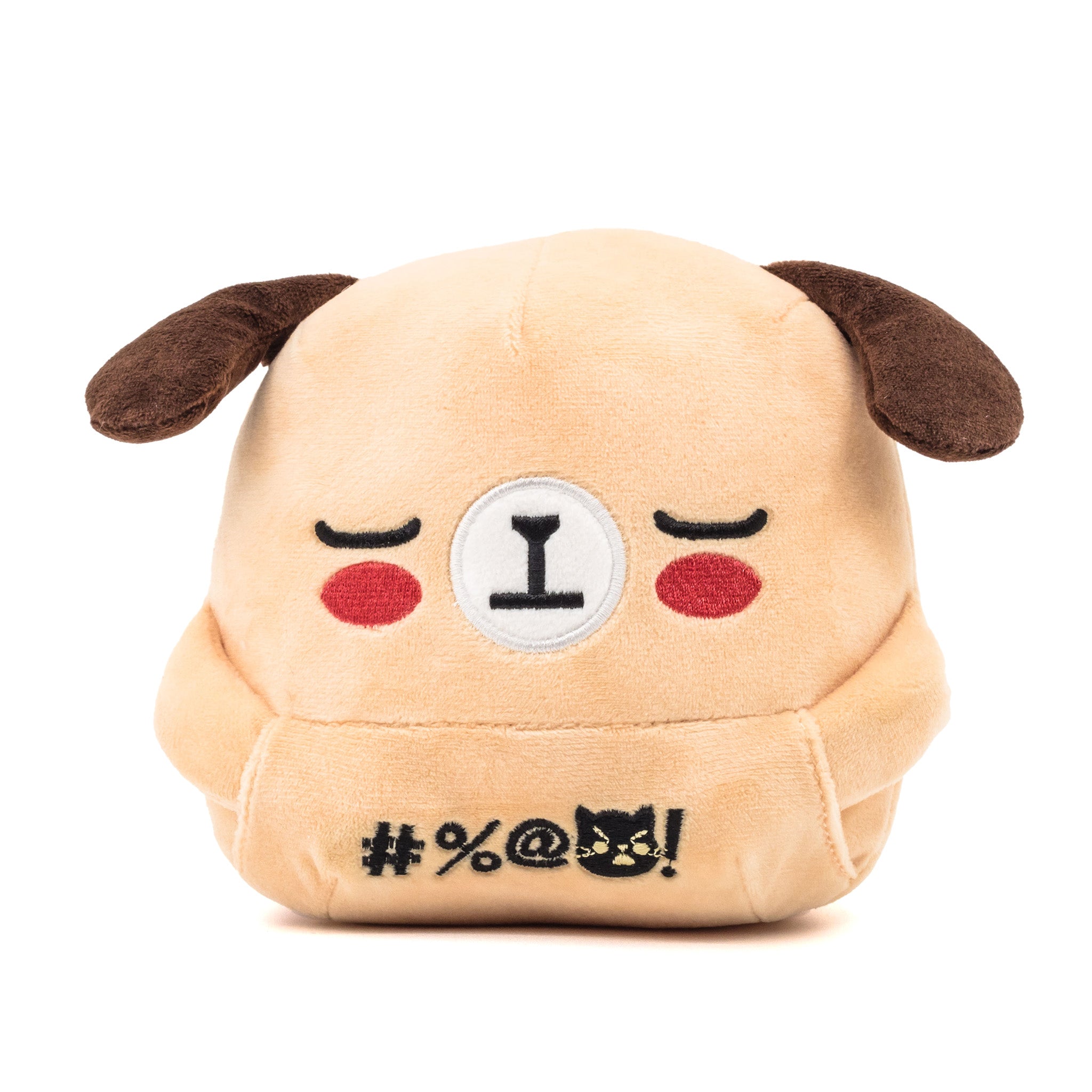 Beige dog plush, hands in front pocket, front view.