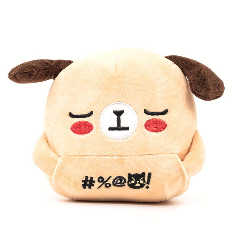 Beige dog plush, stop-motion, middle fingers going up and down, front view.