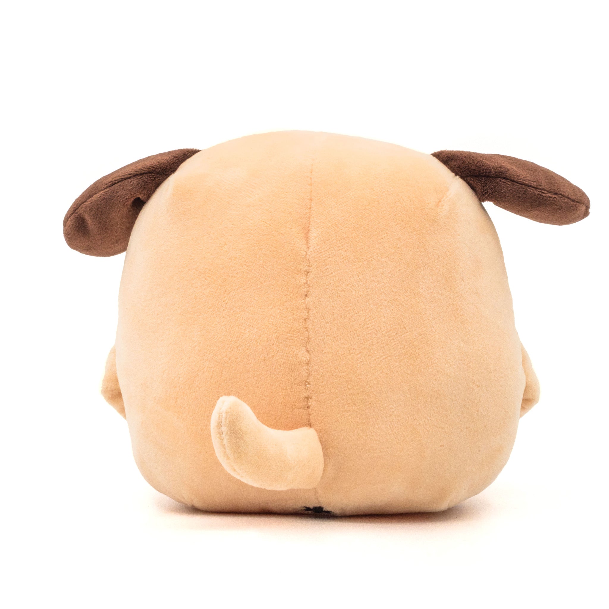 Beige dog plush, standing up, hands in front pocket, rear view.