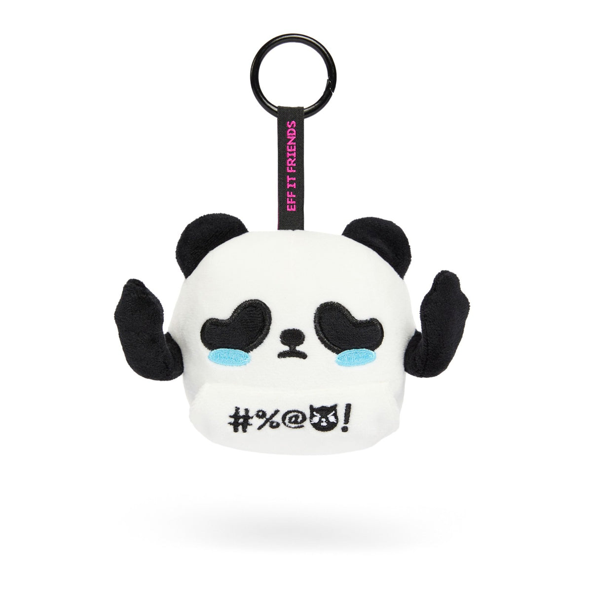 Winston keychain plush, a crying panda with his middle fingers up, on a metal ring clasp