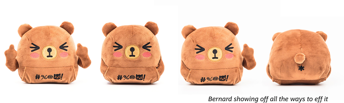 Bernard the bear plush in four poses: middle fingers up, one hand up, hands tucked in his pocket, and his back