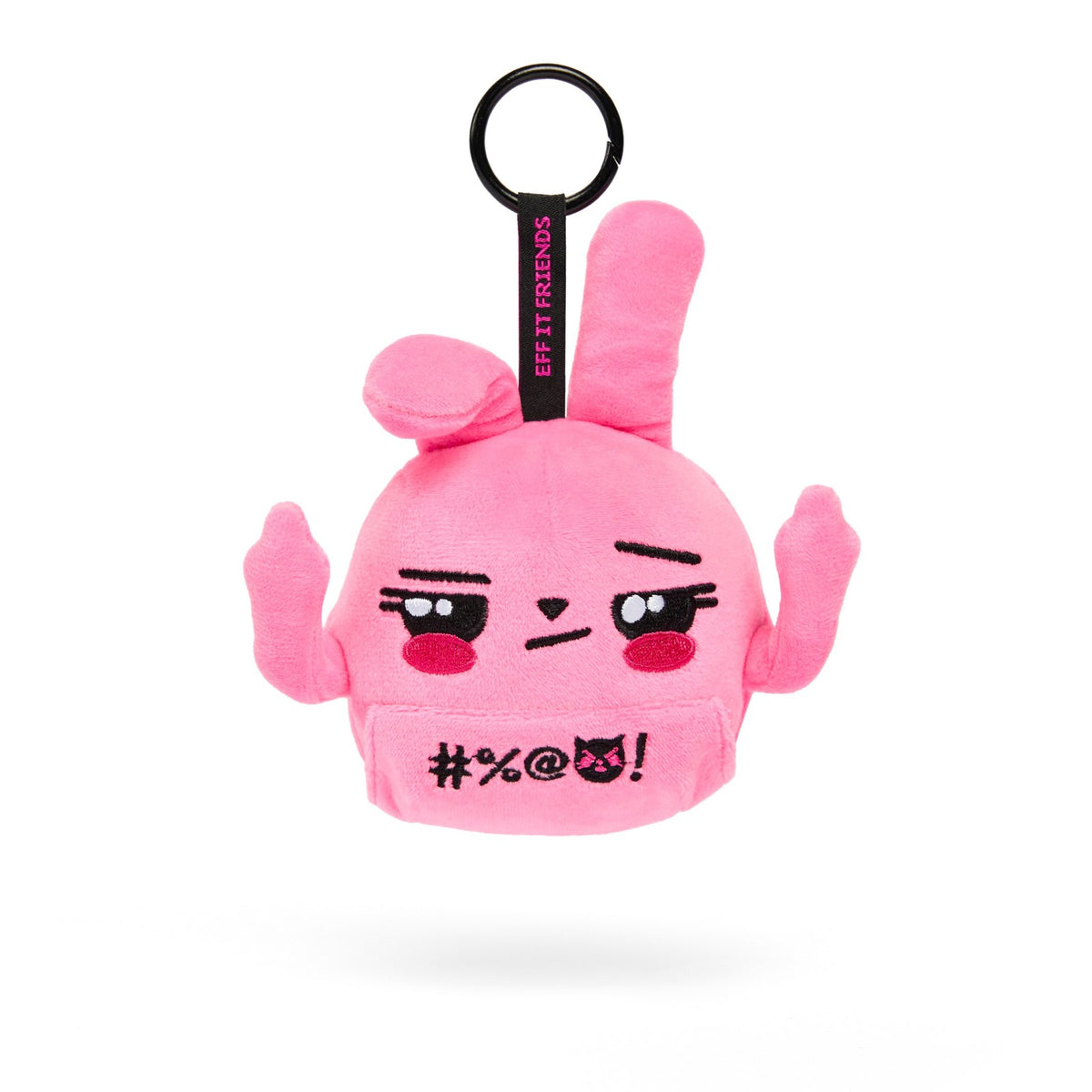 Audra keychain plush, a pink bunny with her middle fingers up, on a metal ring clasp