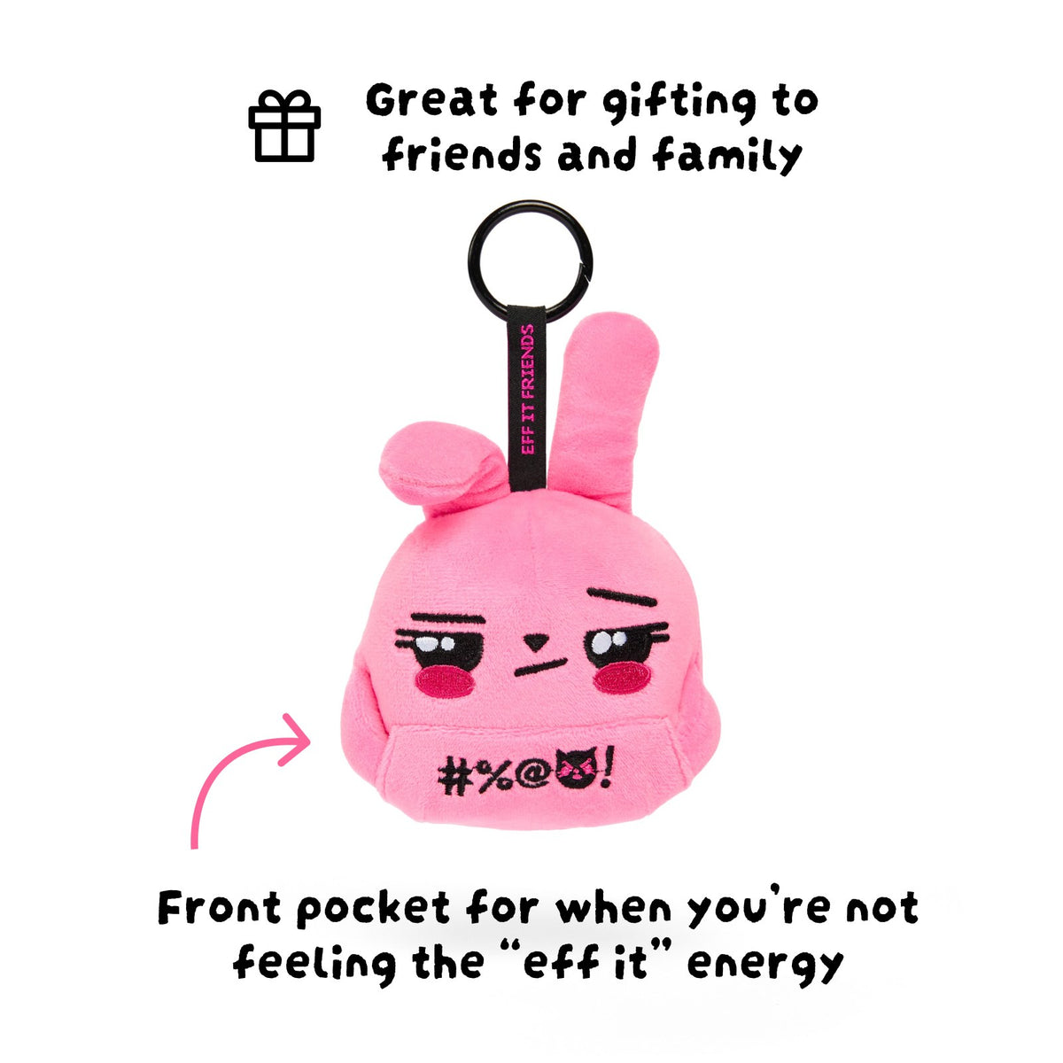 Audra keychain plush with her middle fingers tucked into the front pocket