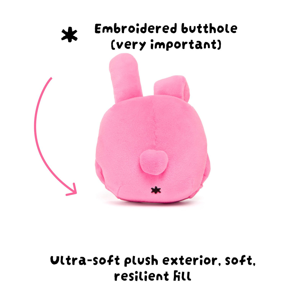 Back of the Audra keychain plush with its embroidered butthole