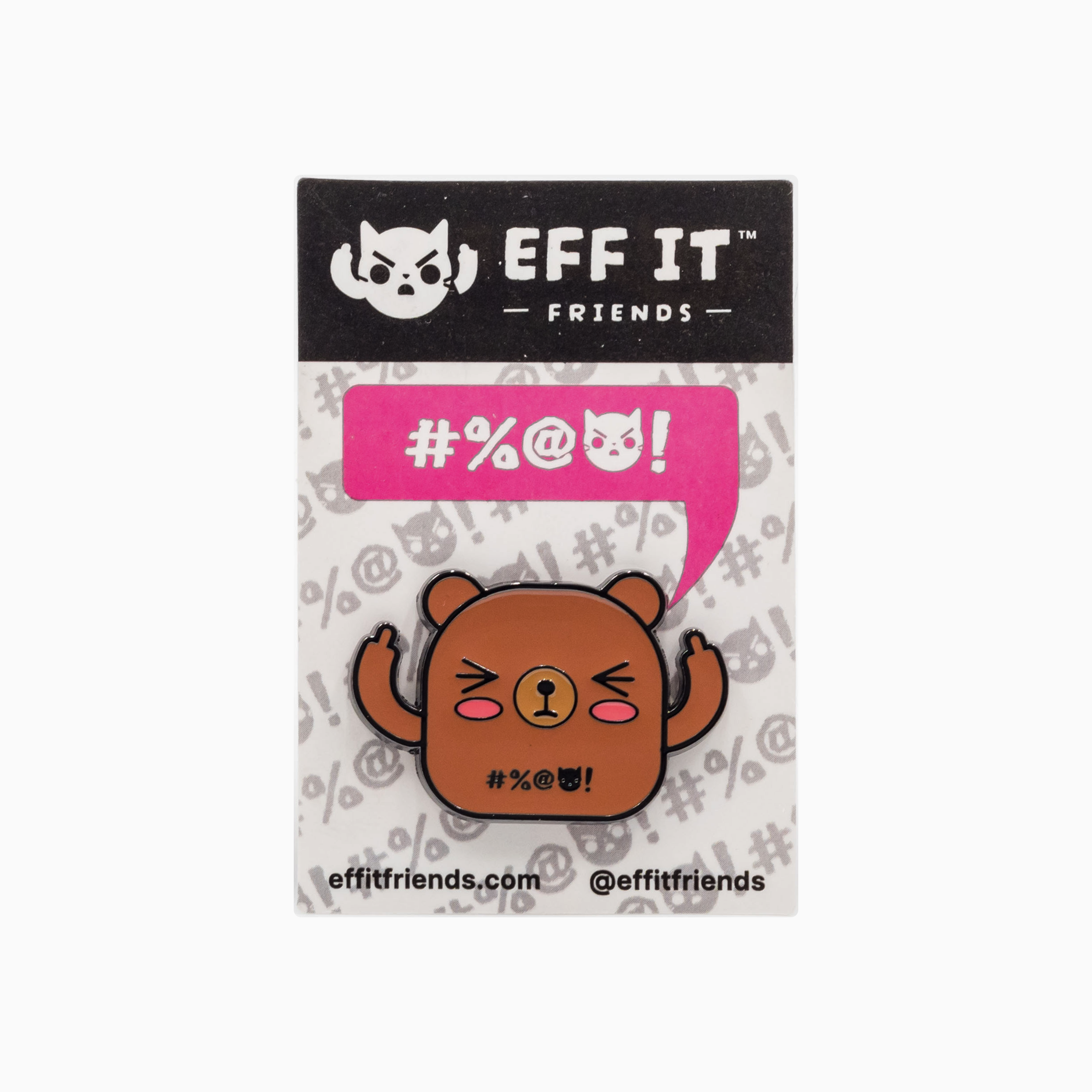 Brown bear enamel pin with middle fingers up, on branded packaging card