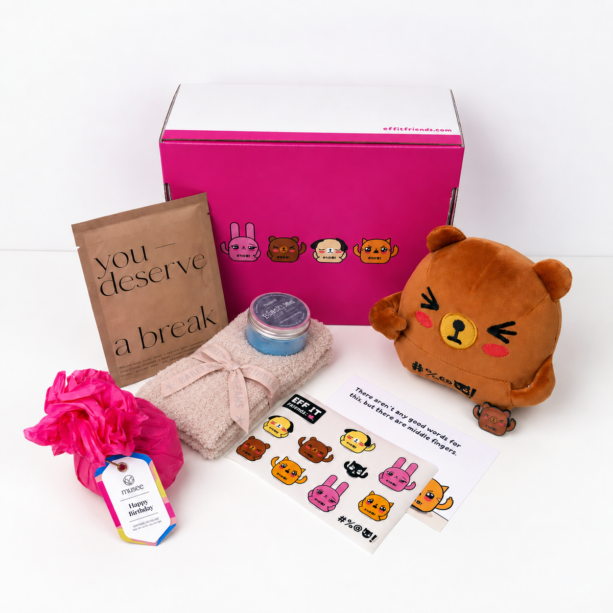 Happy Birthday Gift Box with Barefoot Dreams Willow socks beneath therapy dough