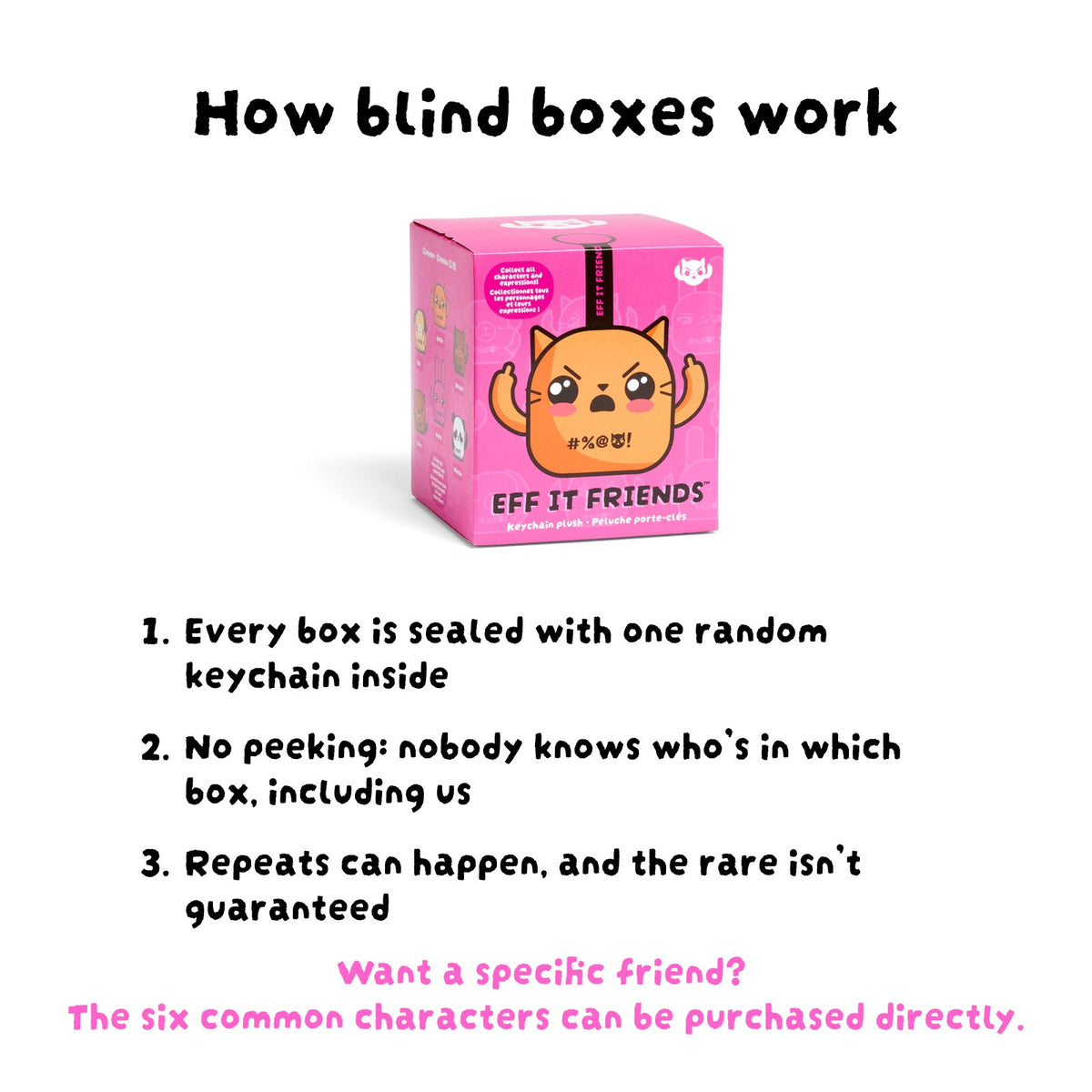 How blind boxes work: one random keychain in every sealed box, no peeking, repeats can happen and the rare is not guaranteed