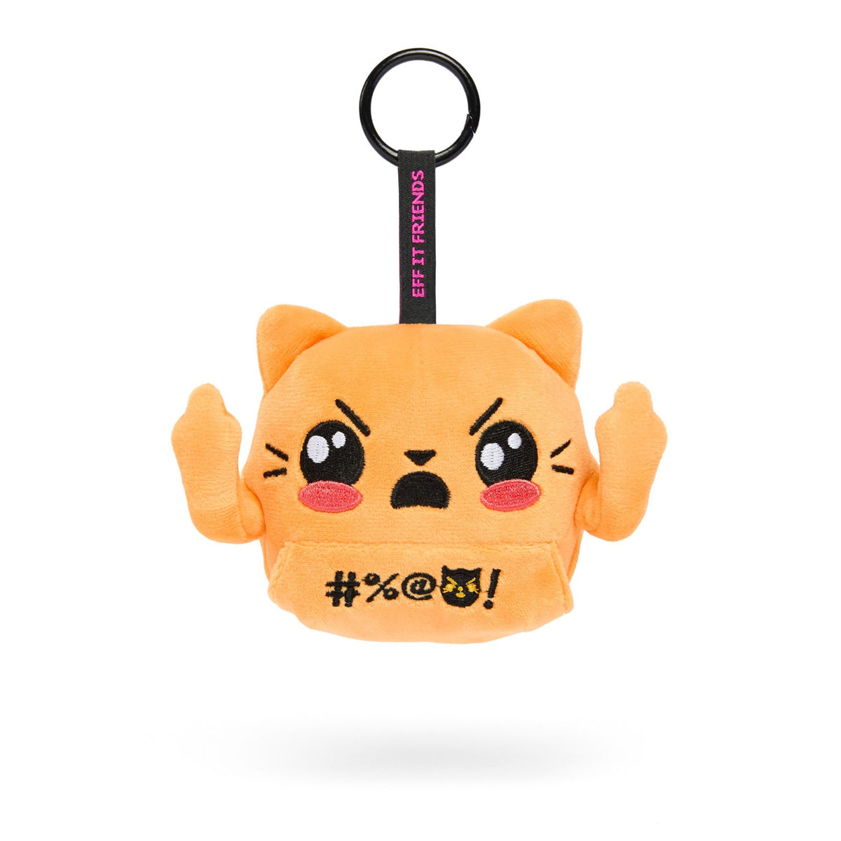 Jackie keychain plush, an orange cat with her middle fingers up, on a metal ring clasp