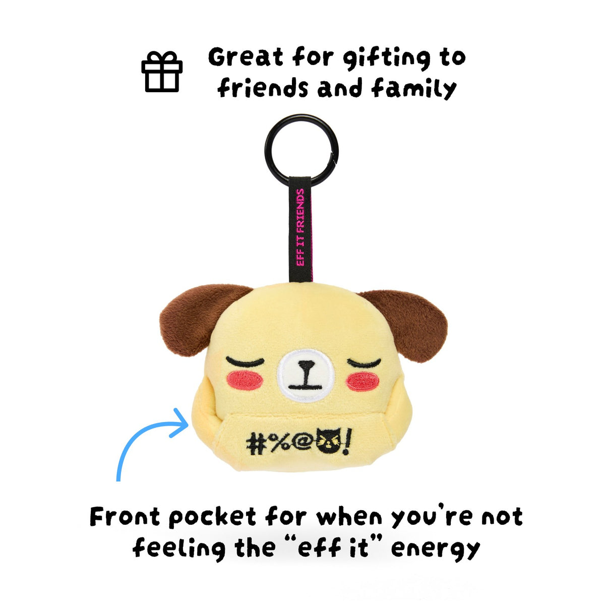 Kai keychain plush with his middle fingers tucked into the front pocket