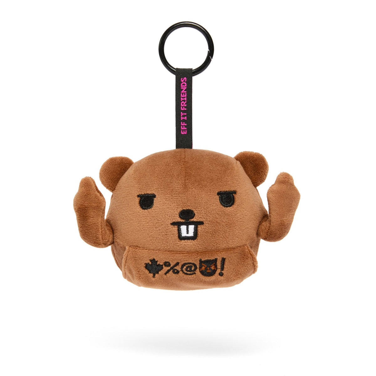 Terry keychain plush, an unimpressed beaver with his middle fingers up, on a metal ring clasp