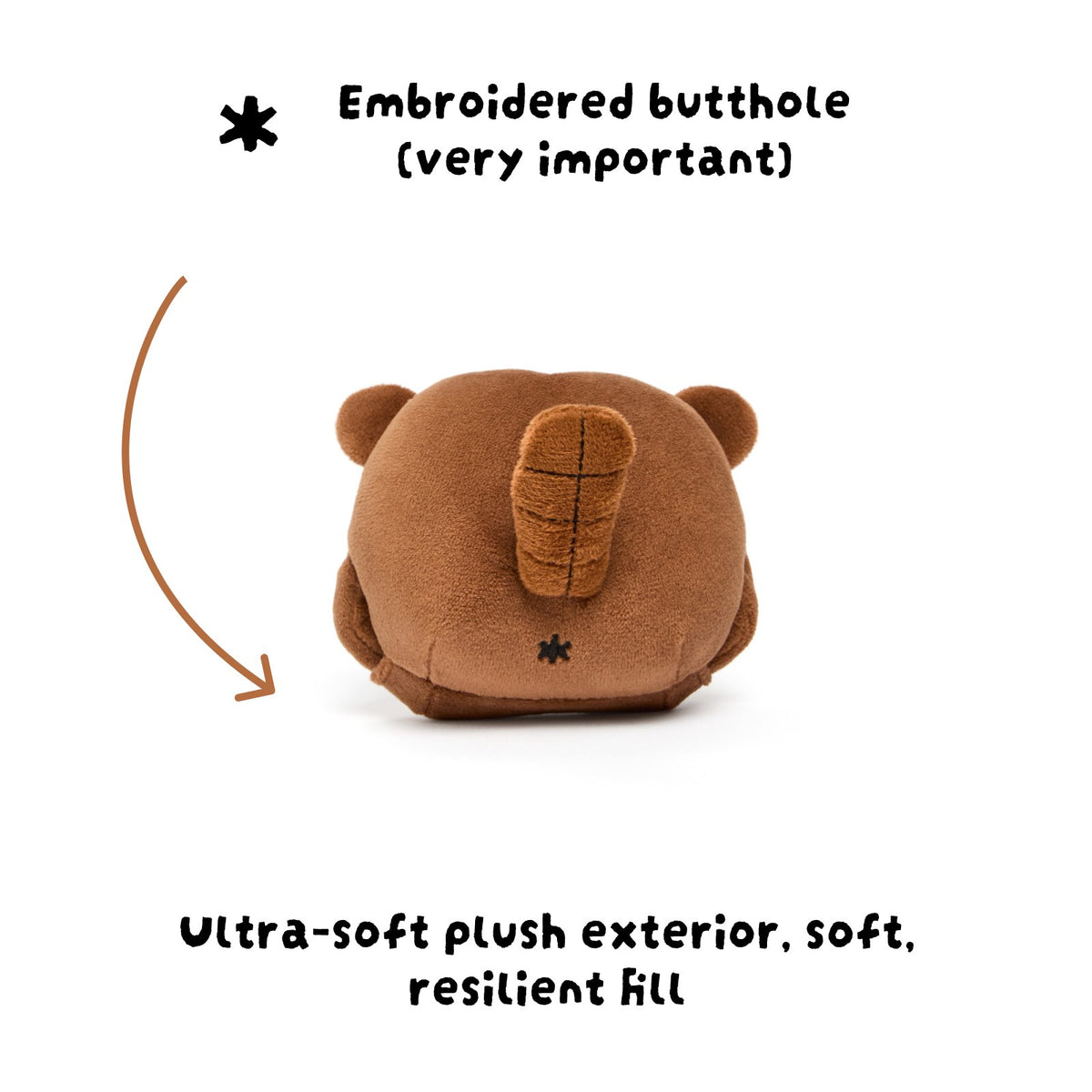 Back of the Terry keychain plush with its embroidered butthole and flat tail