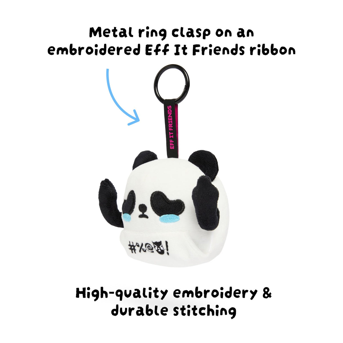 Winston keychain plush from the side: metal ring clasp and embroidered Eff It Friends ribbon